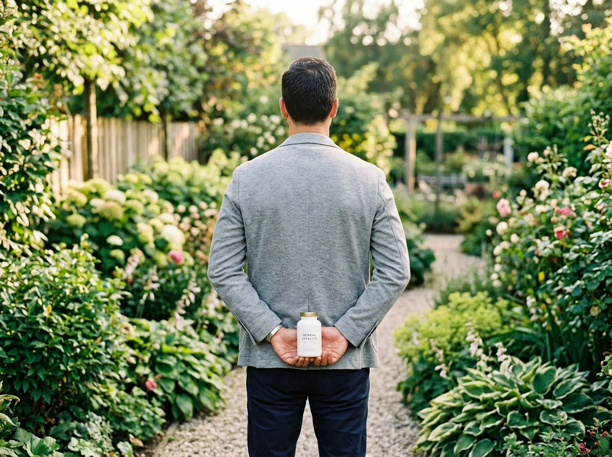 Anonieme man van achteren in een tuin met een witte supplement pot